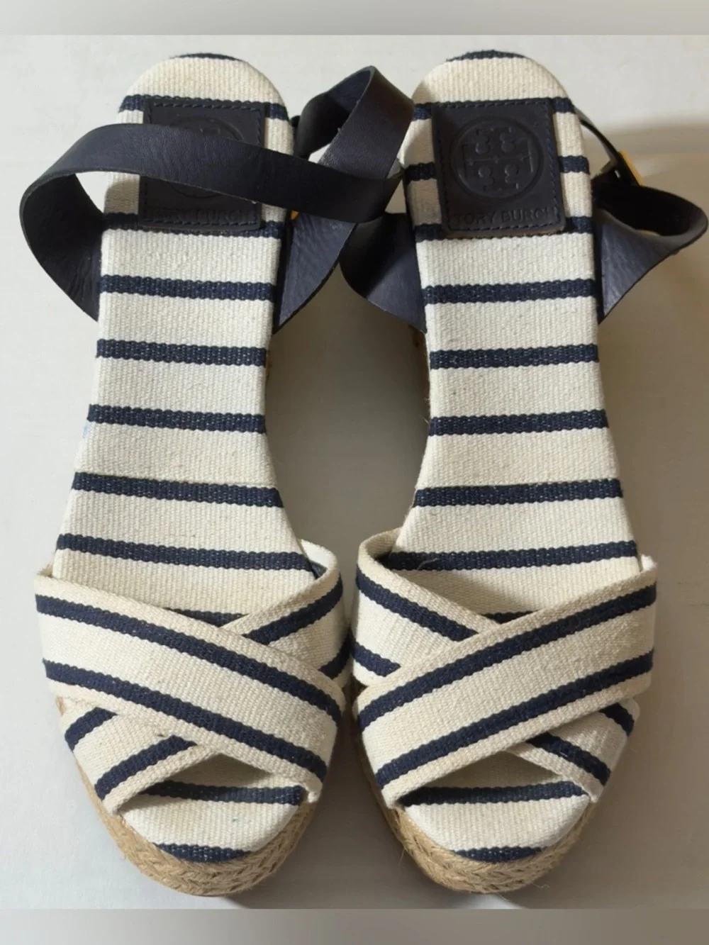 Tory Burch Navy & Cream Striped Espadrille Sandals